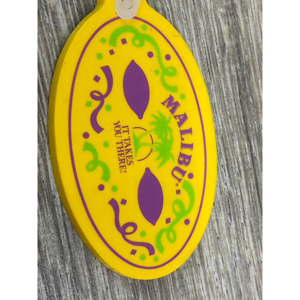 Vintage Malibu Rum Yellow Rubber Keychain Mardi Gras Carnival Logo USA Made